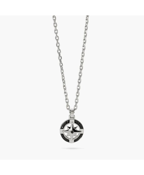 Collana Uomo con ciondolo rosa dei venti in acciaio e nero [e6dbcfec]