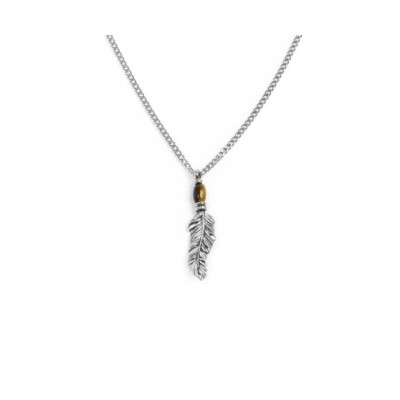 Collana Unisex piuma pendente con occhio di tigre ovale - 13CO0154-M [7071a1a2]