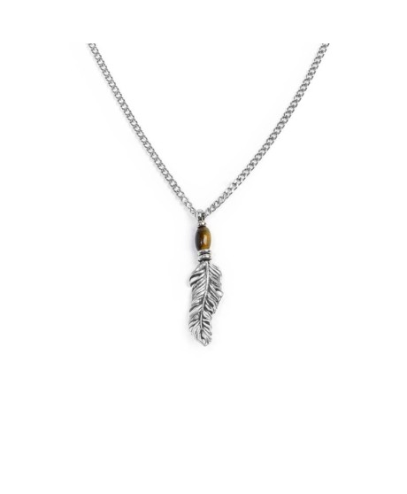 Collana Unisex piuma pendente con occhio di tigre ovale - 13CO0154-M [7071a1a2]